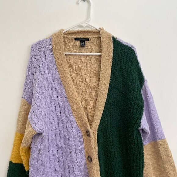 FOREVER 21 Colorblock Cardigan Sweater Lilac Lavender Green Multi Button Long M - Picture 3 of 13